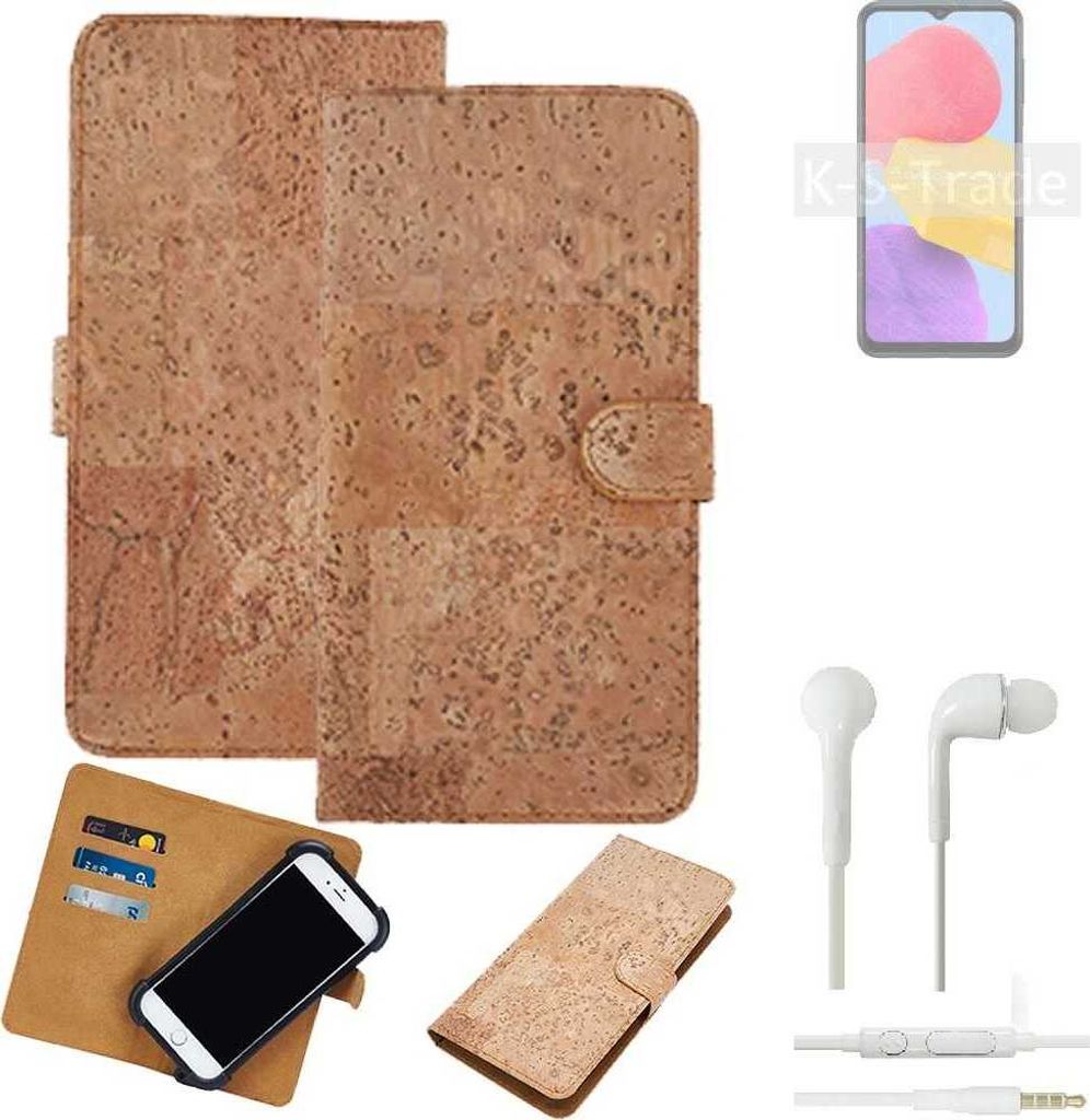 K-S-Trade Hülle kompatibel mit Samsung Galaxy M13 + in ear Kopfhörer Kork Handyhülle Cover Schutzhülle TPU Case Bumper in Hellbraun, (1x)