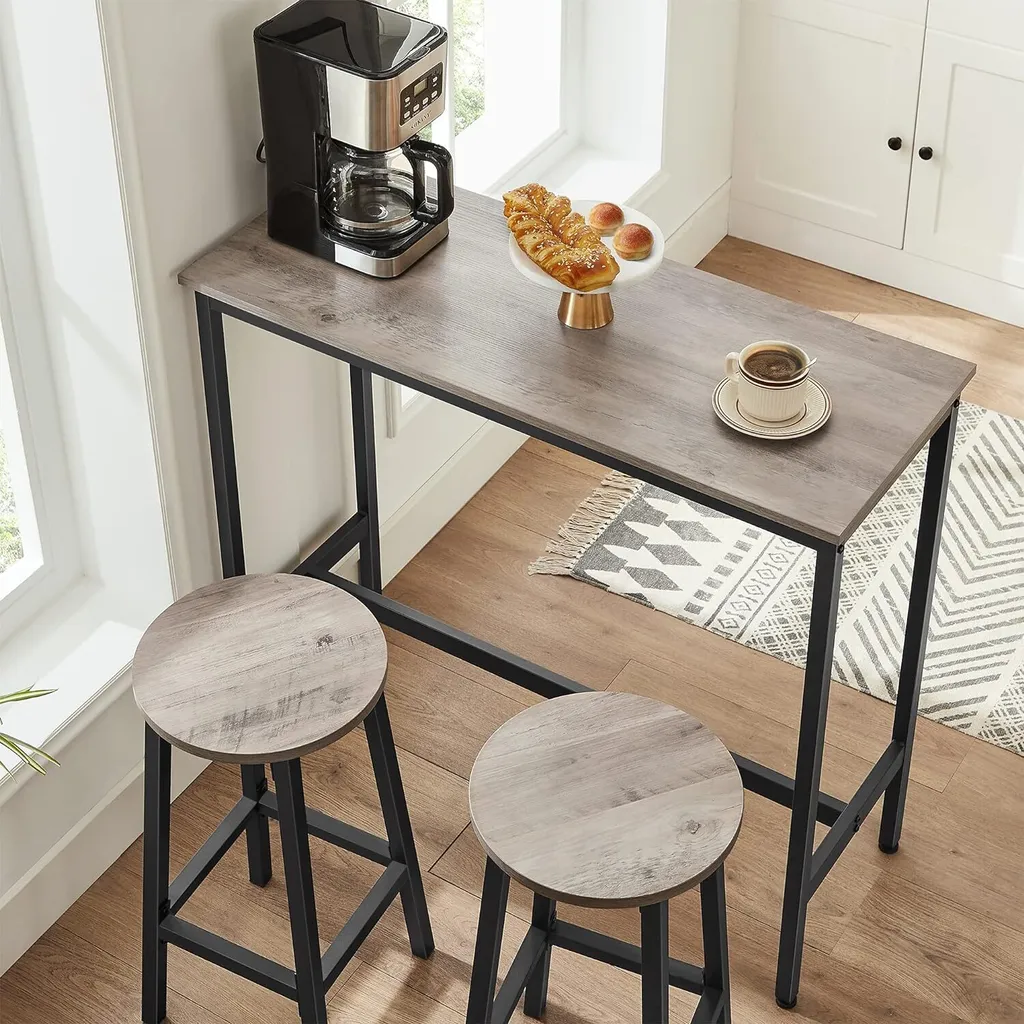 Tabourets de Bar Robustes en Acier et Bois Gris, Hauteur 65 cm - Set de 2