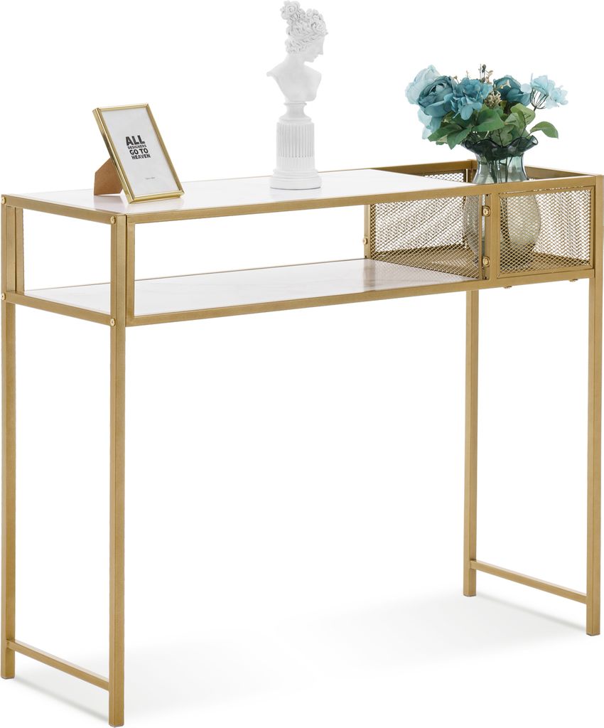 M MCombo Konsolentisch Schmal Marmor Gold, Modern Beistelltisch mit 2 Ablage & Metallgestell, Eingangstisch für Flur Wohnzimmer Schlafzimmer, 110...