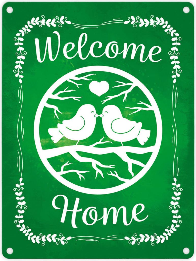 Welcome Home mit niedlichen Vögeln Metallschild in 15x20 cm Produktbild 