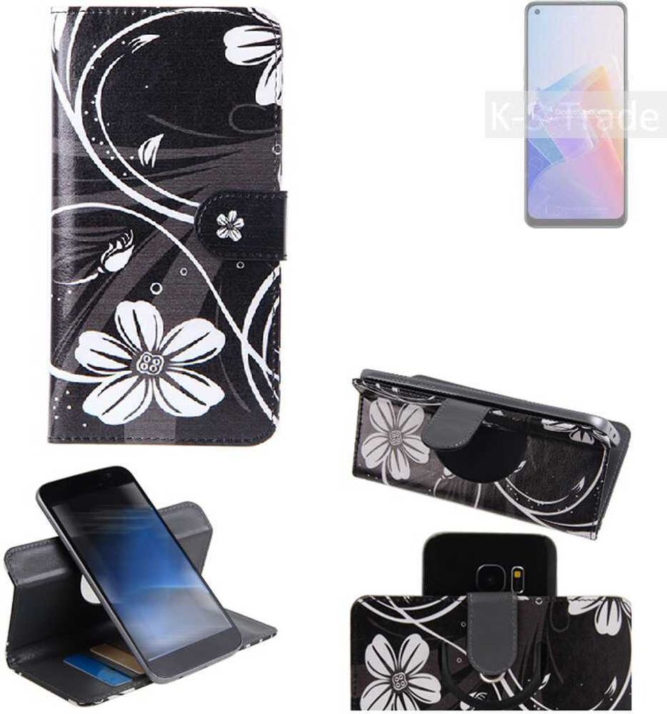 K-S-Trade Schutzhülle Handyhülle kompatibel mit Oppo F21 Pro 5G Hülle 360° Wallet Case ''Flowers'' Klapphülle Hülle schwarz-weiß 1x