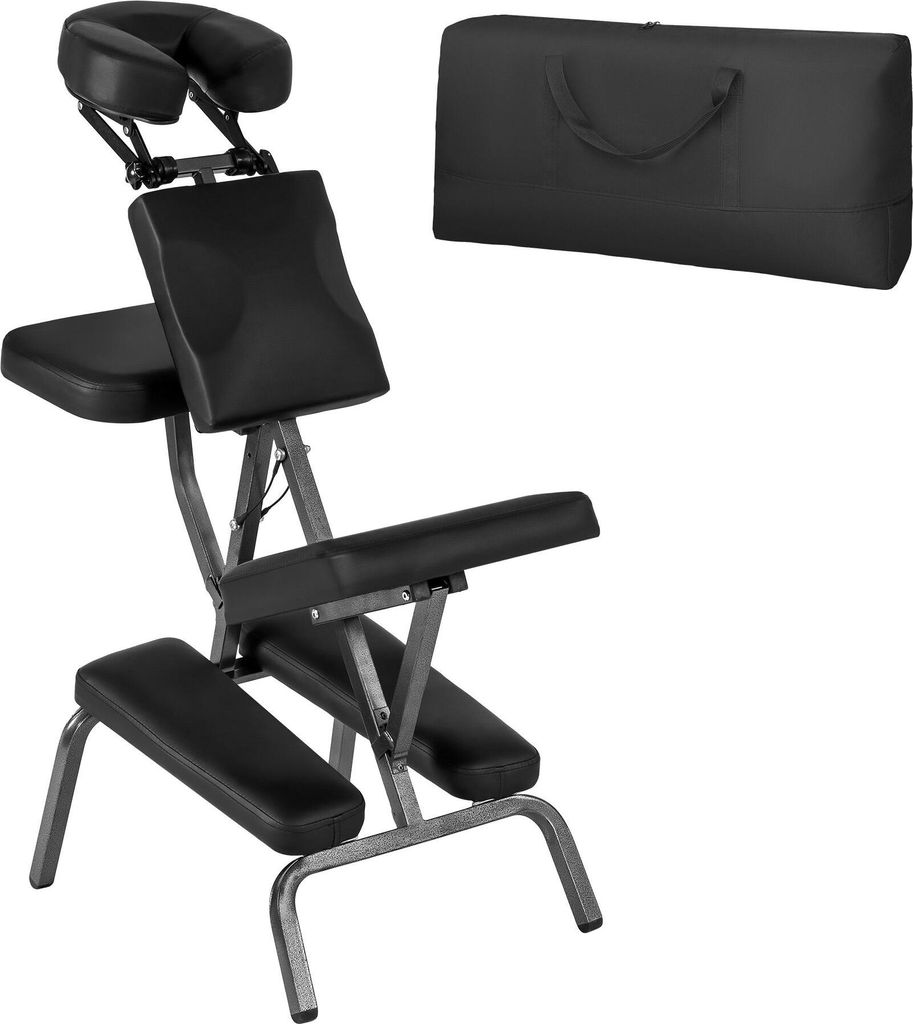 A black massage chair and its carrying case are shown against a white background.