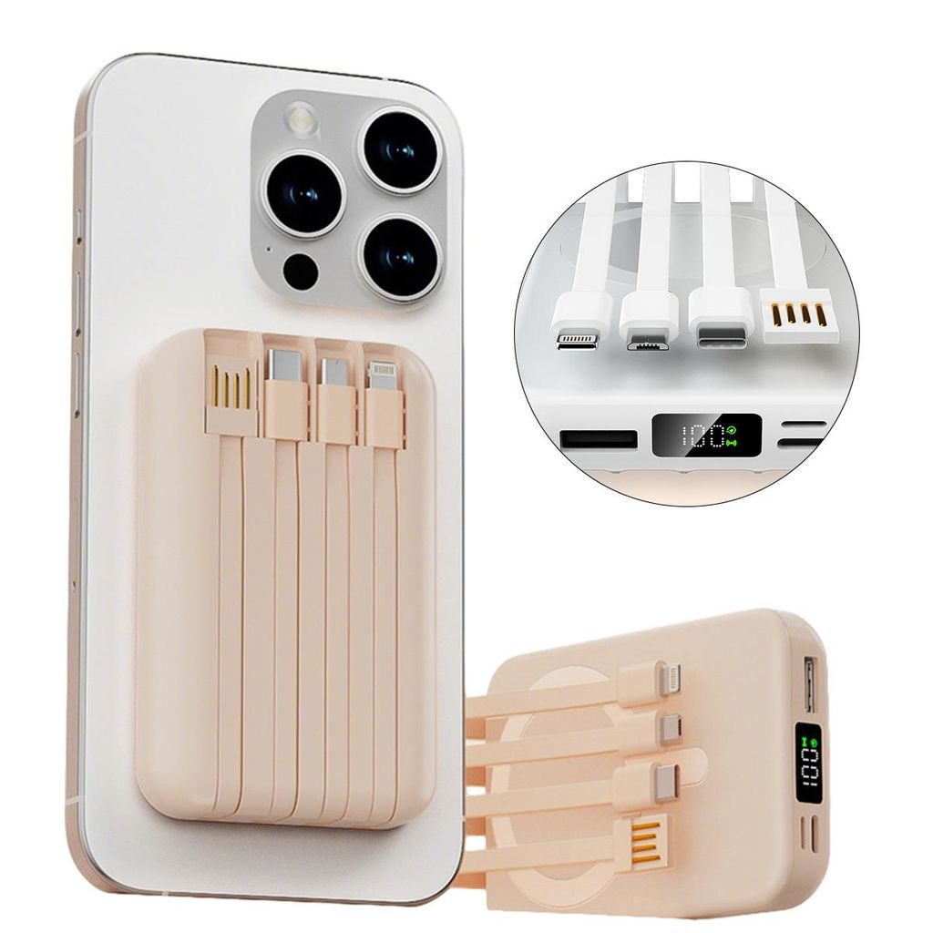 Magnetische Powerbank 20000mAh mit MagSafe & 4 integrierten Kabeln,22,5W Schnellladung, USB-C,Lightning, Kompatibel mit iPhone & Android,Braun