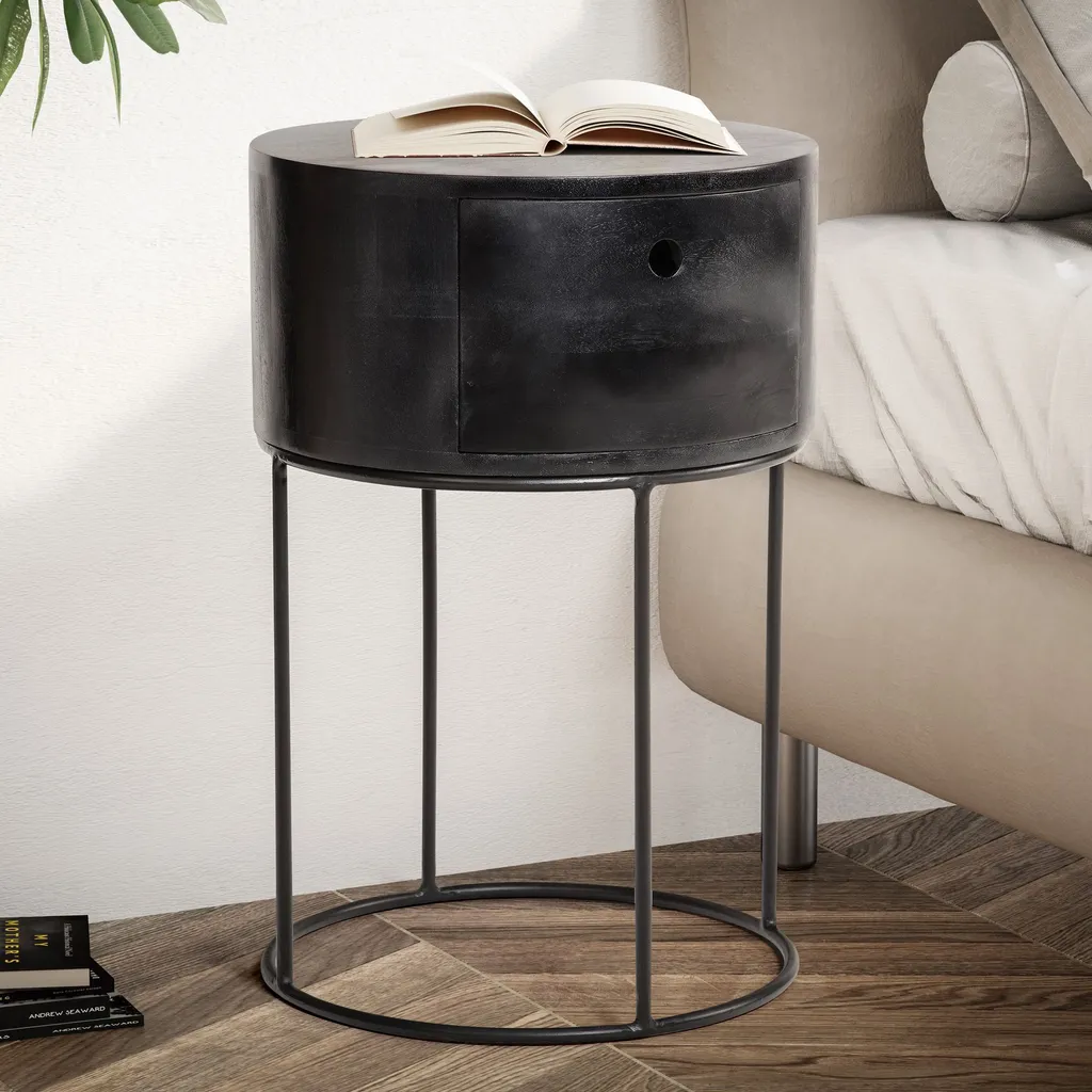 Table de Chevet Ronde pour Lit Boxspring en Bois et Métal WOHNLING