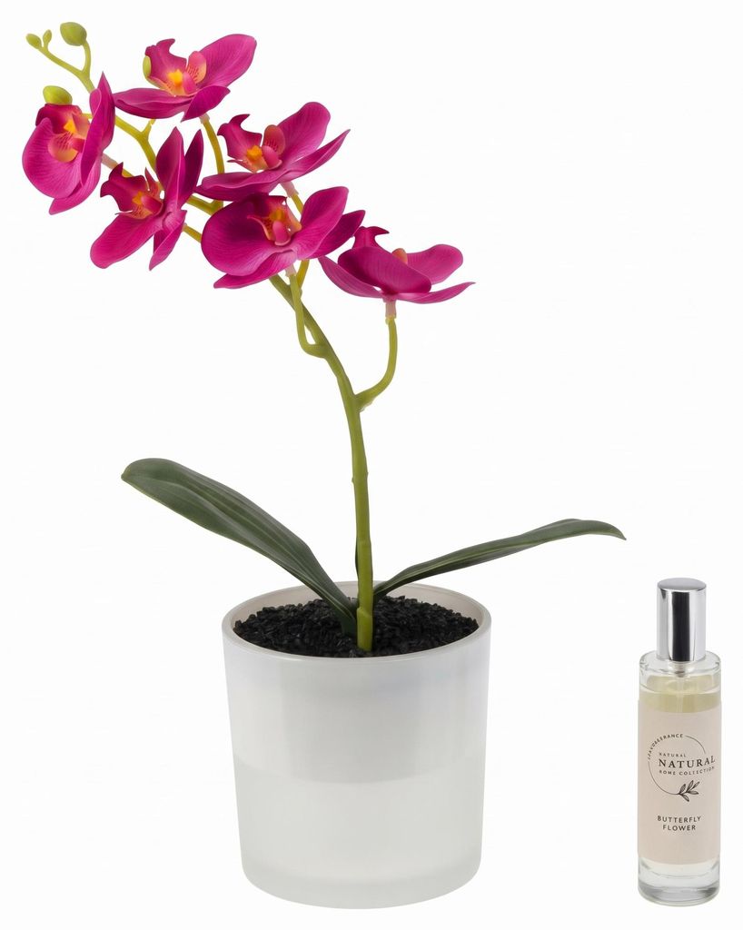 Künstliche Orchidee in einem Glasgefäß mit LED und Produktbild 
