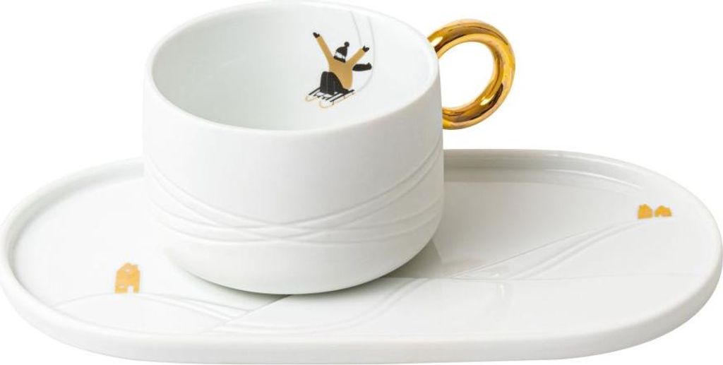Tasse mit Servierplatte "Schlittenfahren"
