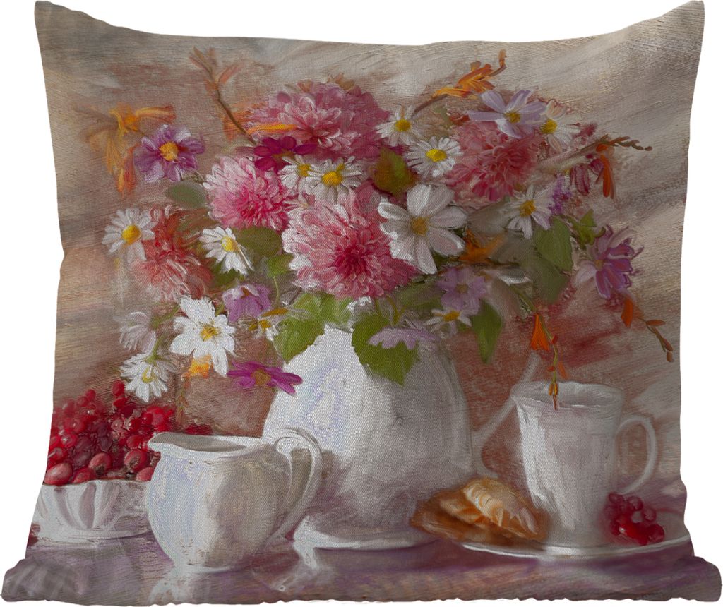 MuchoWow Outdoor Kissen - Gemälde - Blumen - Vase - Ölfarbe - 50x50 cm - Wetterfest - Lounge Kissen - Komfortabel - Kissen mit Bild