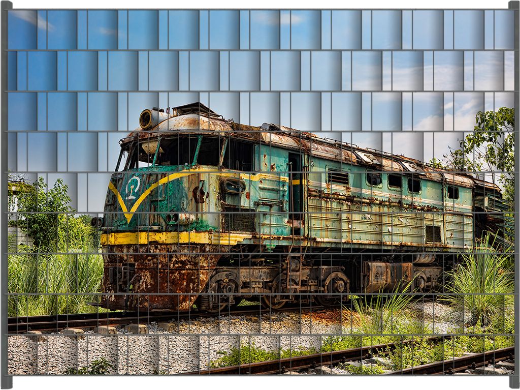 Wallario Zaunsichtschutz mit Motiv Alte verrostete Lokomotive auf einem Abstellgleis für Ein- und Doppelstabmatten Zäune in der Größe 250 x 18...