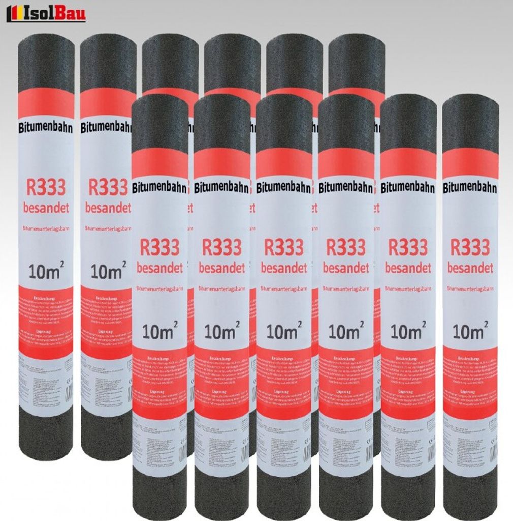 Isolbau Dachpappe R333 Besandet 100m2 10 Rollen Bitumenbahn Bitumen-Dachbahn