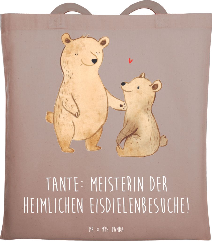 Mr. & Mrs. Panda Tote Bag Tante Eisdielenmeisterin - Braun Pastell - Geschenk, Schultasche, canvas tasche, einkaufsshopper, Lustig, Familie, Handar...