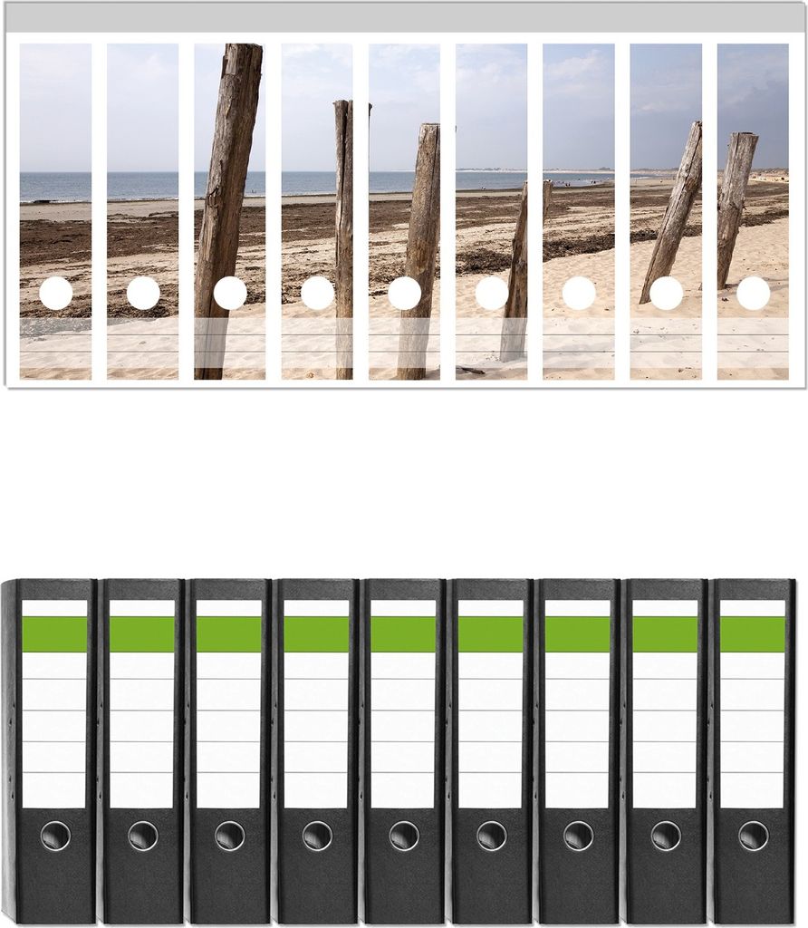 Wallario 9 Stück breite Ordner inkl. Klebeetiketten mit Motive Sandstrand mit Holzpfählen am Atlantischen Ozean - Set mit Rückenschildern / Ord...