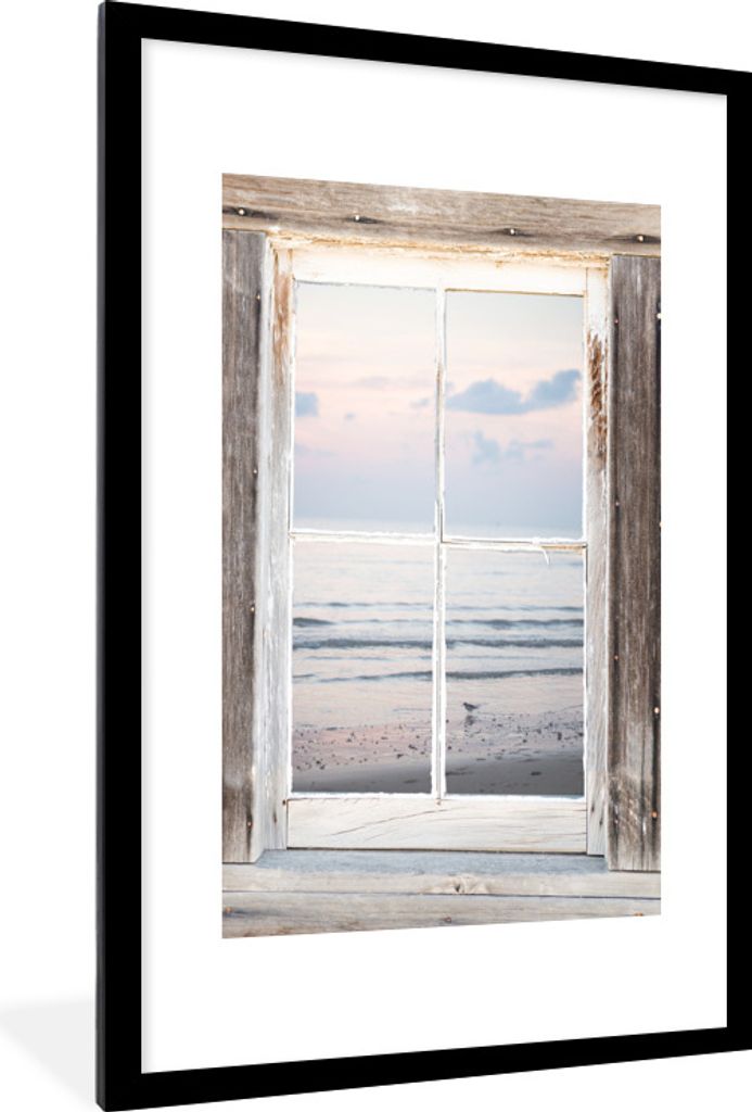 MuchoWow Gerahmtes Poster Durchblick - Strand - Vogel 60x90 cm - Poster mit Schwarzem Bilderrahmen Wandposter Rahmen Foto Bilder - Dekoration - W...