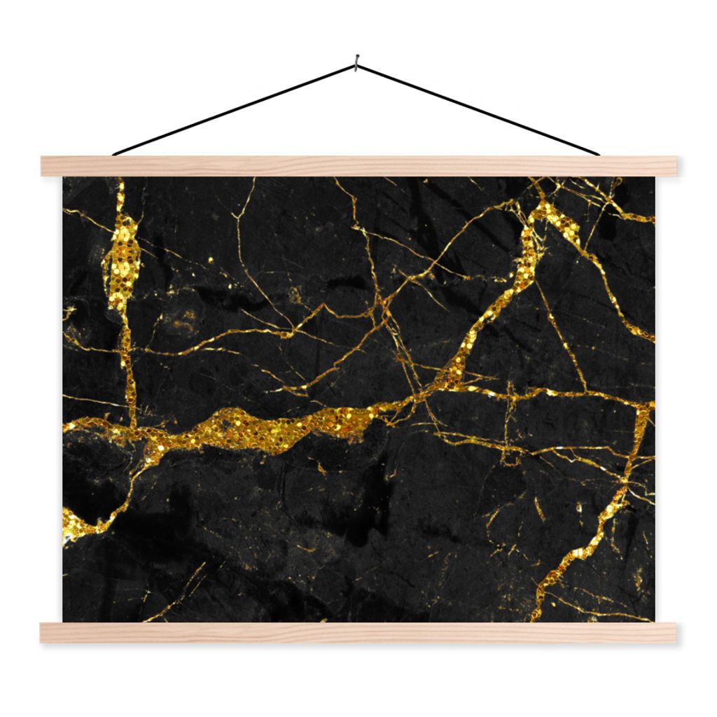MuchoWow Textilposter Marmor - Gold - Schwarz - Marmoroptik - Luxe - Glitzer 40x30 cm mit holzfarbenen Rahmen - Bilder