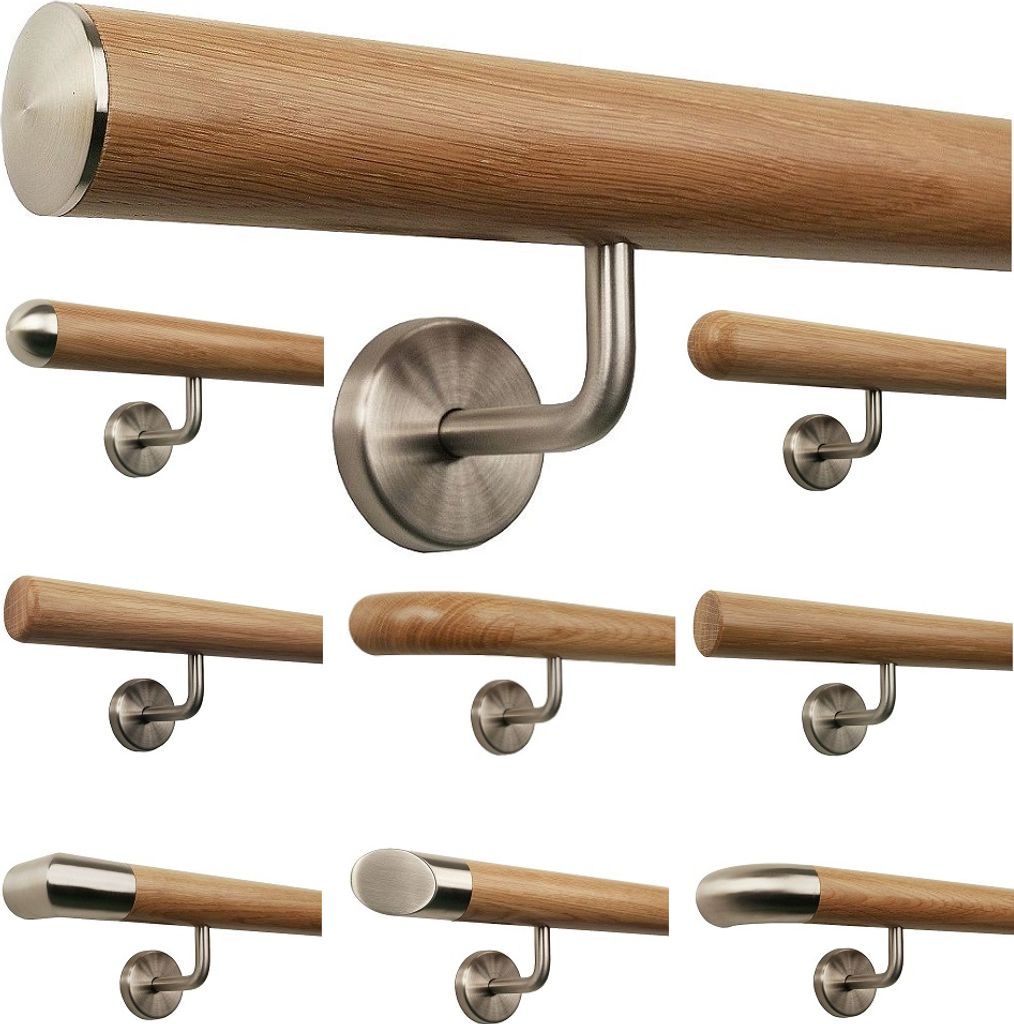 TIBU Eiche Holz Handlauf Geländer 0,3m - 5m, Länge 380 cm, Ende leicht gewölbte Edelstahlkappe und 5 gewinkelte Halter