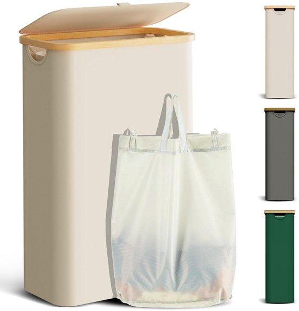 Schlanke 48L Wäschesammler mit Deckel und Beutel, Holz, Beige