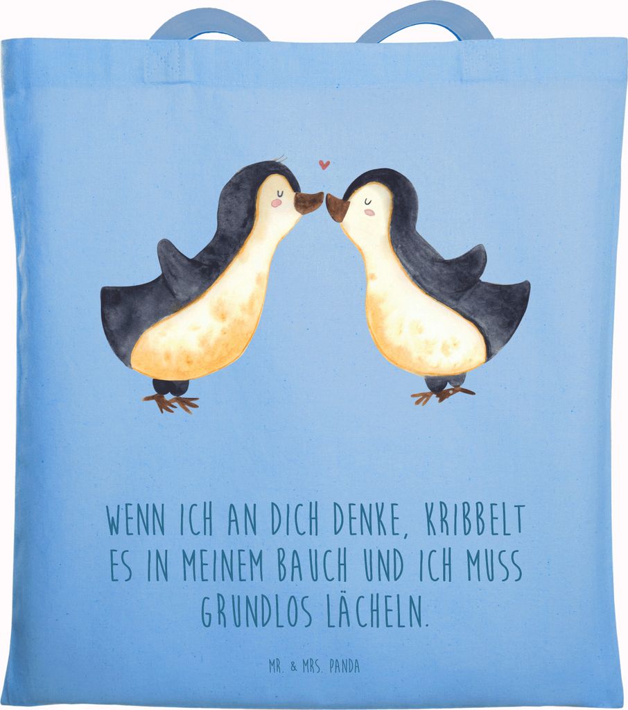 Mr. & Mrs. Panda Tote Bag Pinguine Kuss - Sky Blue - Geschenk, Tasche, Freundin, Valentinstag, Einkaufstasche, Laptoptasche, Jutebeutel, Jahrestag,...