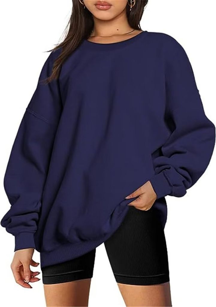 ASKSA Damen Sweatshirts Basic Rundhals Langarmshirt Loose Fleece Pullover Casual Oberteile Tops, Marineblau, S