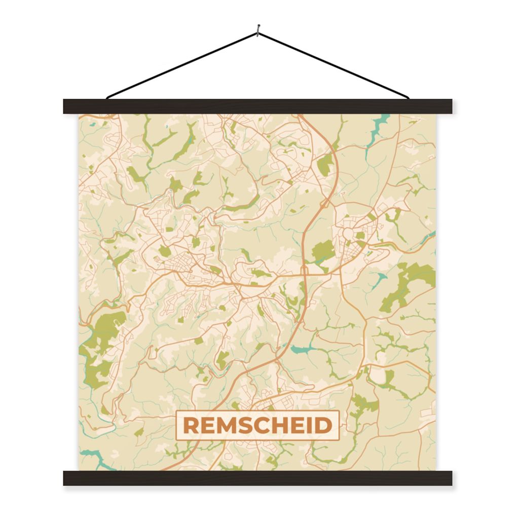 MuchoWow Textilposter Remscheid - Karte - Stadtplan - Vintage 120x120 cm mit schwarzem Rahmen - Aufhängungsset