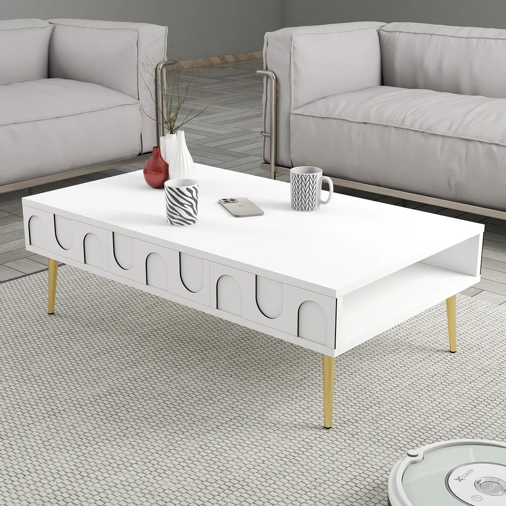 Table basse Skye Decor Lyon 33 - Design Blanc et Or en Bois Mélaminé
