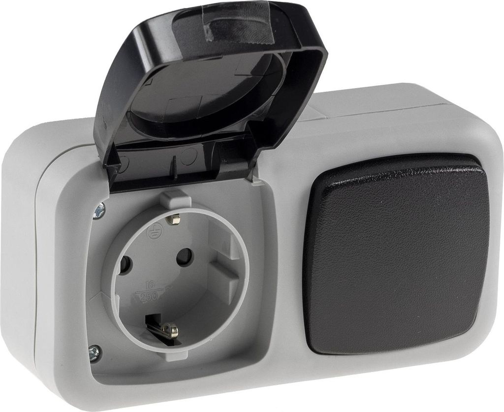 ChiliTec 20470 Feuchtraum Kombi-Schalter/Steckdose,IP44 250V/ 10/16A, grau, AP horizontal