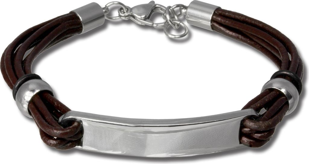 SilberDream Armband Leder Edelstahl Schmuck dunkelbraun Plakette Herren LAP009B