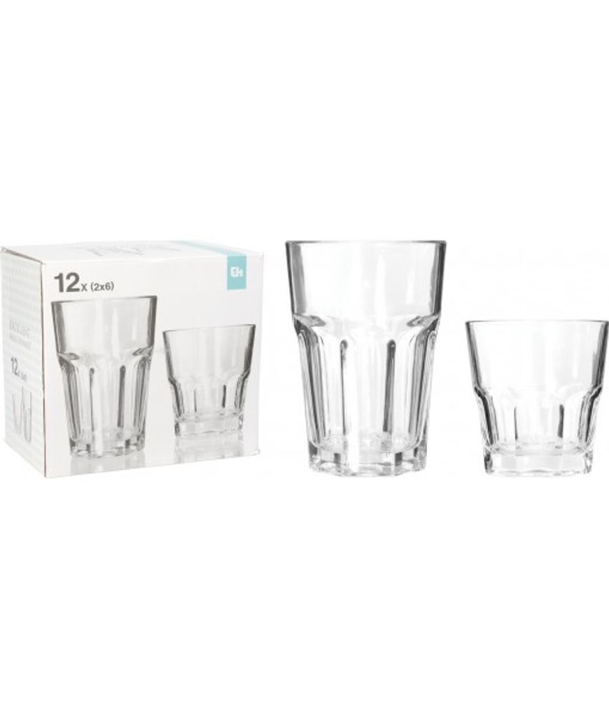 A product shot of a set of glasses, with a box in the background.