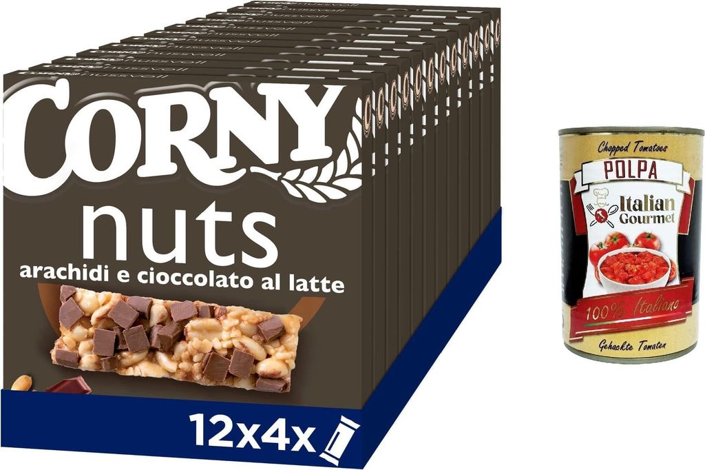 Corny Nuts Riegel mit Getreide, Erdnüssen und Milchschokolade, ohne Palmöl, Ballaststoffquelle 12x96gr + Italian Gourmet polpa 400g