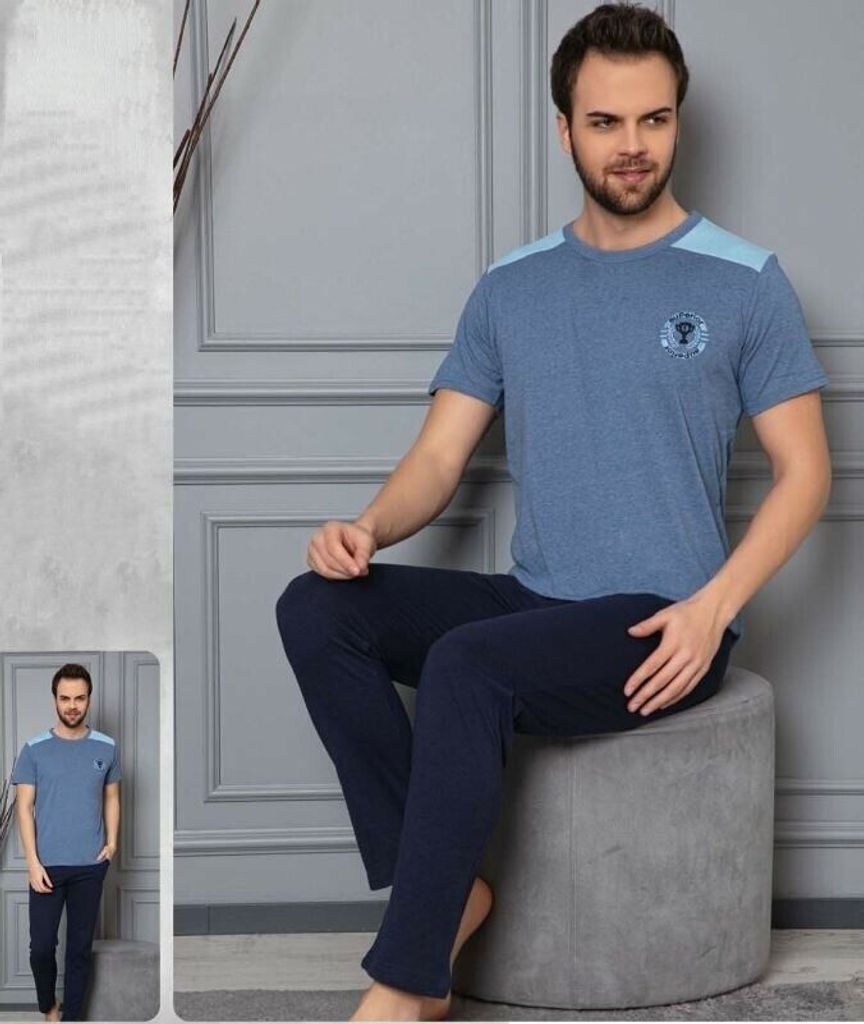 Herren Pyjama Schlafanzug Hellblau XL Baumwolle Kurz 2-Teiler Set C-33