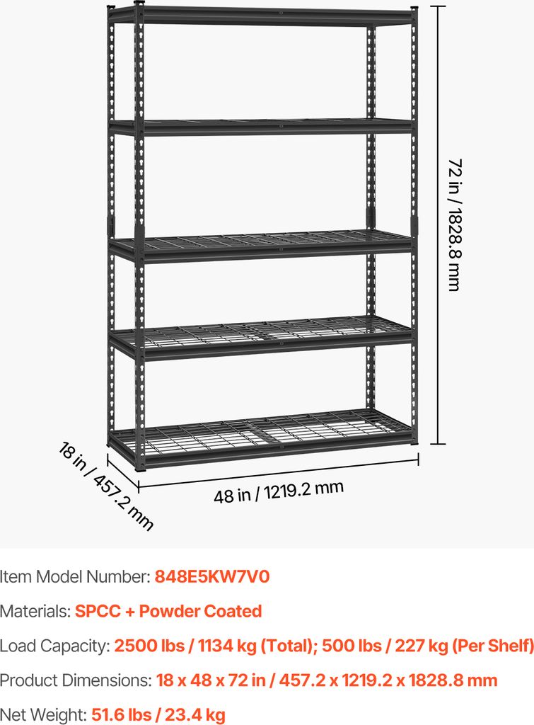 VEVOR Lagerregale, 2500 lbs, 5 Etagen, robuste Garagenregale, 45,7 x 10,2 x 17,8 cm, für Industrieregale, Kellerregale für Küche, Lager, Keller,...