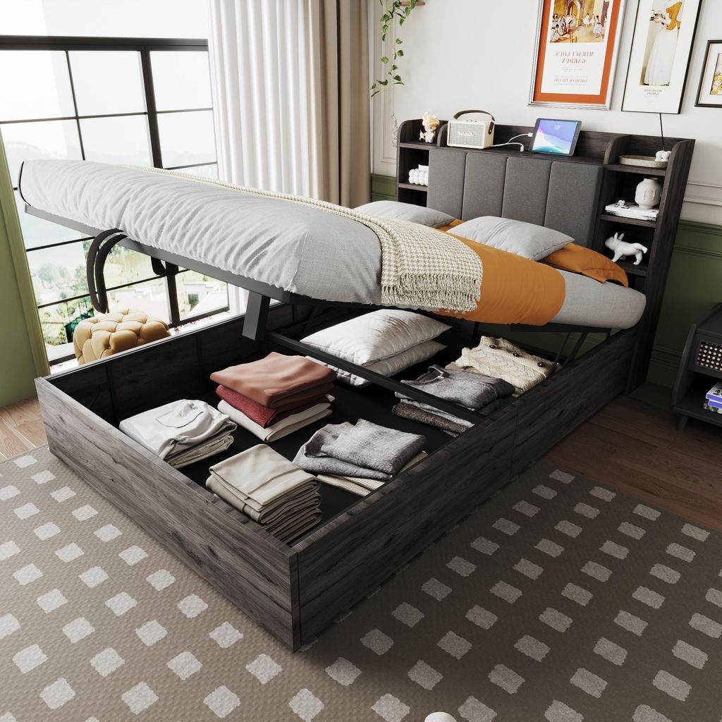 okwish Jugendbett 140×200 Bettgestell mit Matratze und Stauraumkopfteil,Einzelbett mit USB- und Type-C-Steckdose,Grau