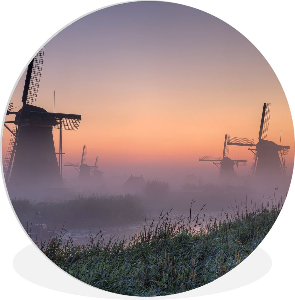 MuchoWow Rundes Wandbild - Runde Bilder Mühle - Niederlande - Nebel Ø 60 cm Kreis Wanddekoration Kunststoff - Wandkreis - Wandschmuck - Wand Kr...