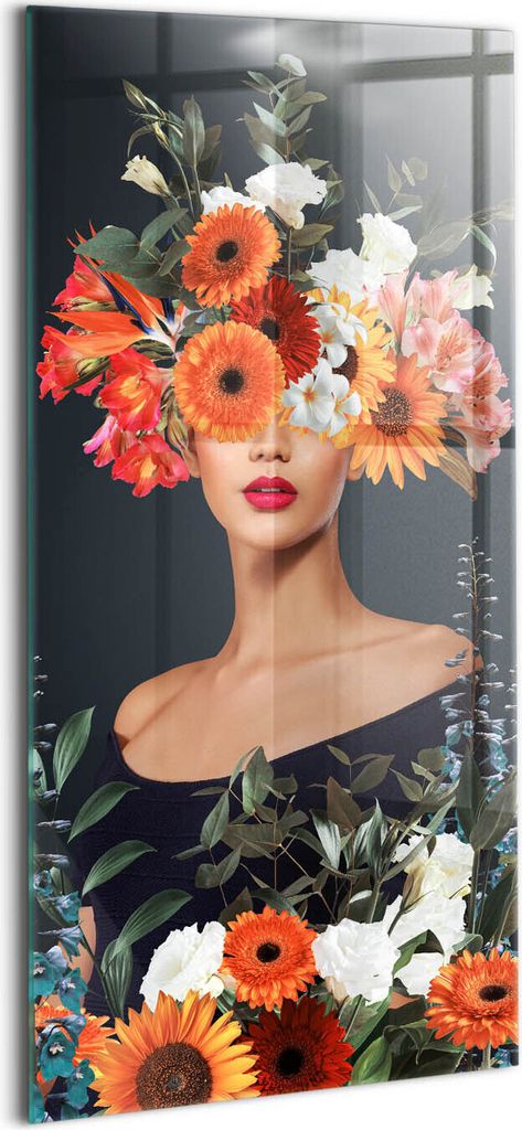 Designer Glasbild - Wandbild - Glas Bild - 60x120 cm - Frauenkopf In Blumen