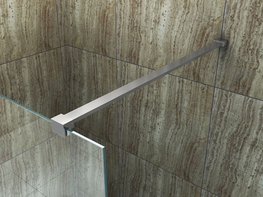 A close-up view of a shower screen support bar attached to a tiled wall.