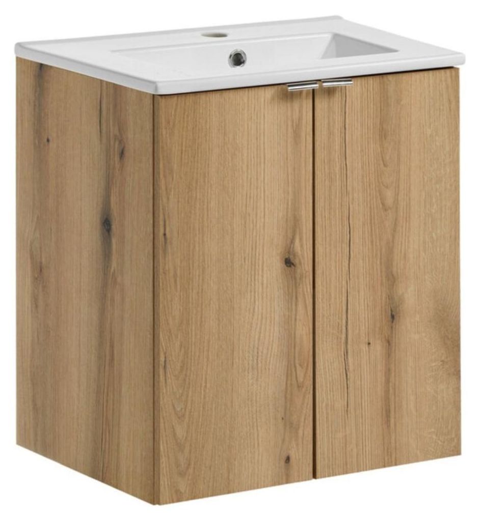 Hängendes Badezimmer-Set VANO in Eichen- und Weißoptik 50cm: Unterschränke mit Türen + eingelassenes Waschbecken