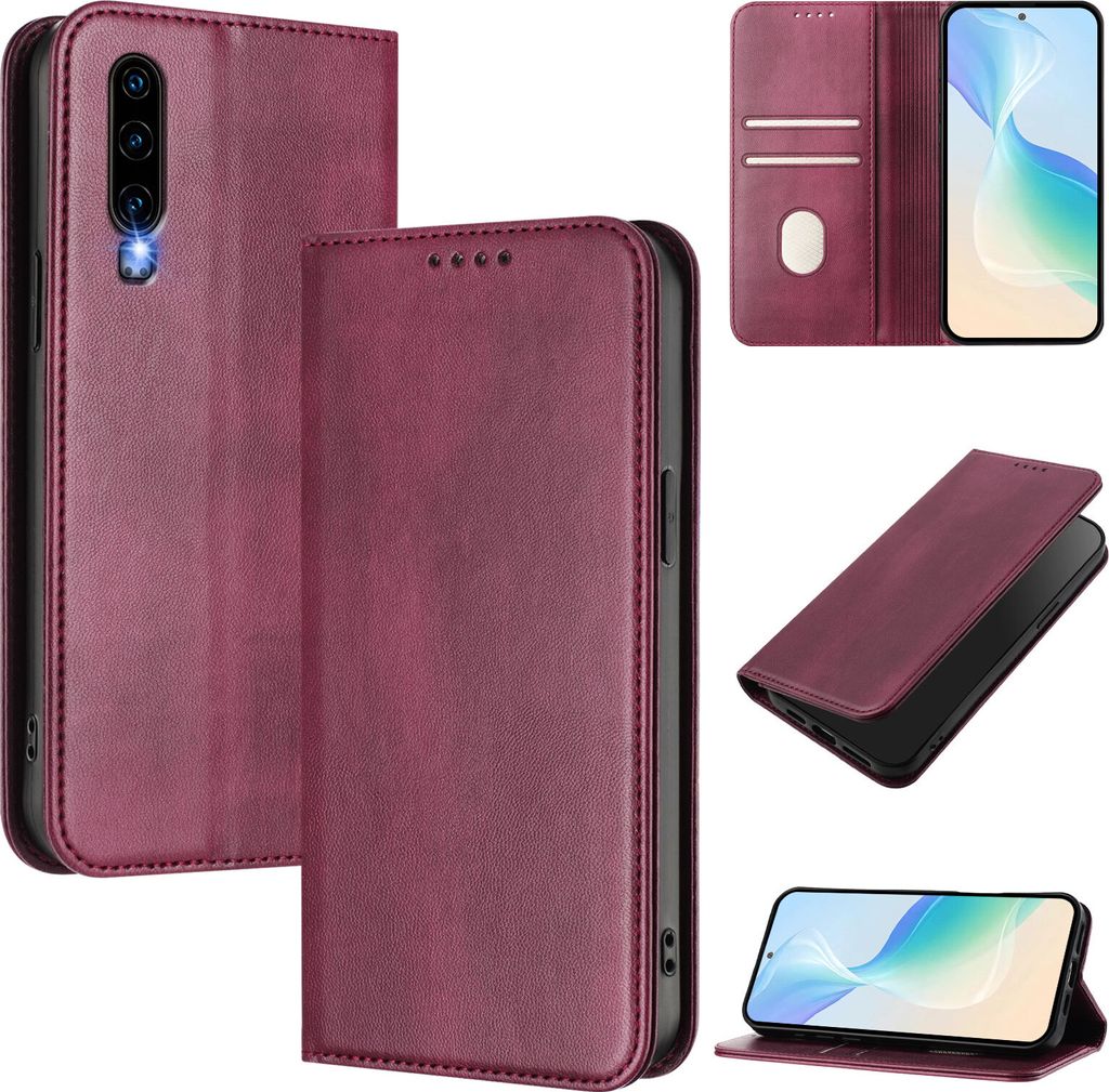 Handyhülle für Huawei P30, Vintage Leder RFID Schutz Kartenfach Standfunktion Magnetische Klapphülle Rot