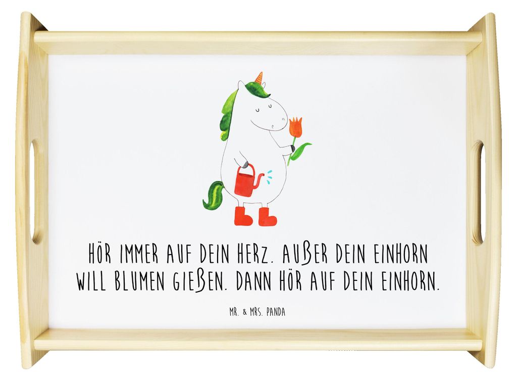 Mr. & Mrs. Panda Tablett Einhorn Gärtner - Weiß - Geschenk, Unicorn, Garten, serviertablett holz, Einhörner, Luftballon, Bett-Tablett, betttable...