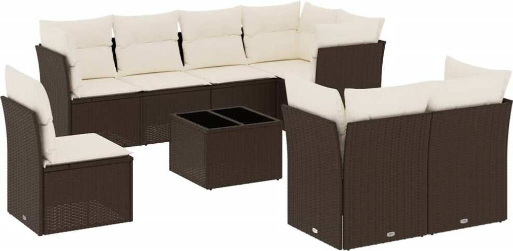 9-tlg. Garten-Sofagarnitur mit Kissen Braun Poly Rattan