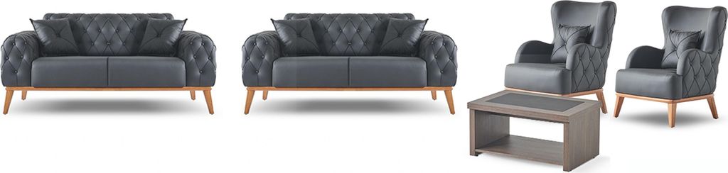 Schwarze Chesterfield Arbeitszimmer Garnitur Edle 2x 2-Sitzer Couchtisch