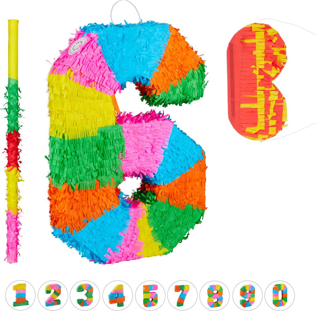 3 tlg. Pinata Set Geburtstag, Zahl 6, Pinatastab mit Augenmaske, Kinder & Erwachsene, Piñata zum selbst Befüllen, bunt