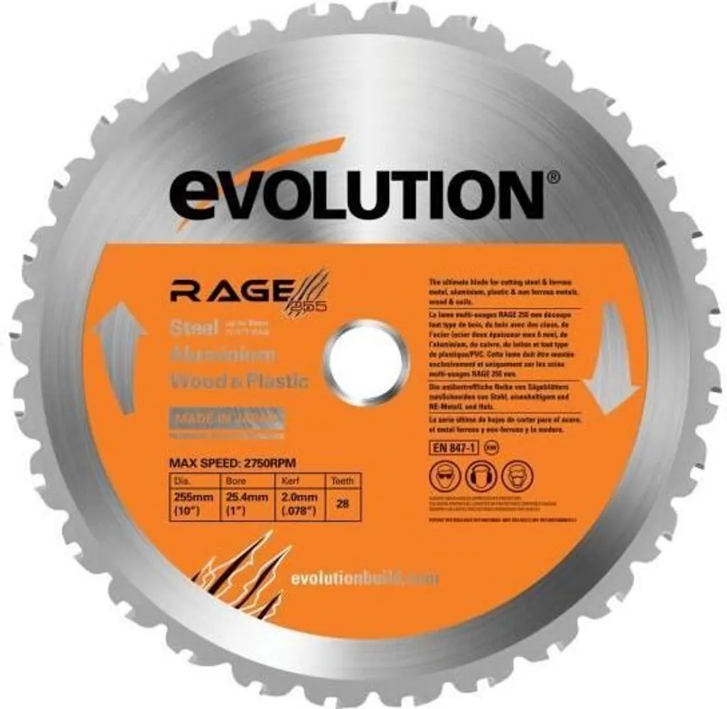 Scie multi-coupes TCT Evolution RAGE 255mm 28z pour acier et bois dur