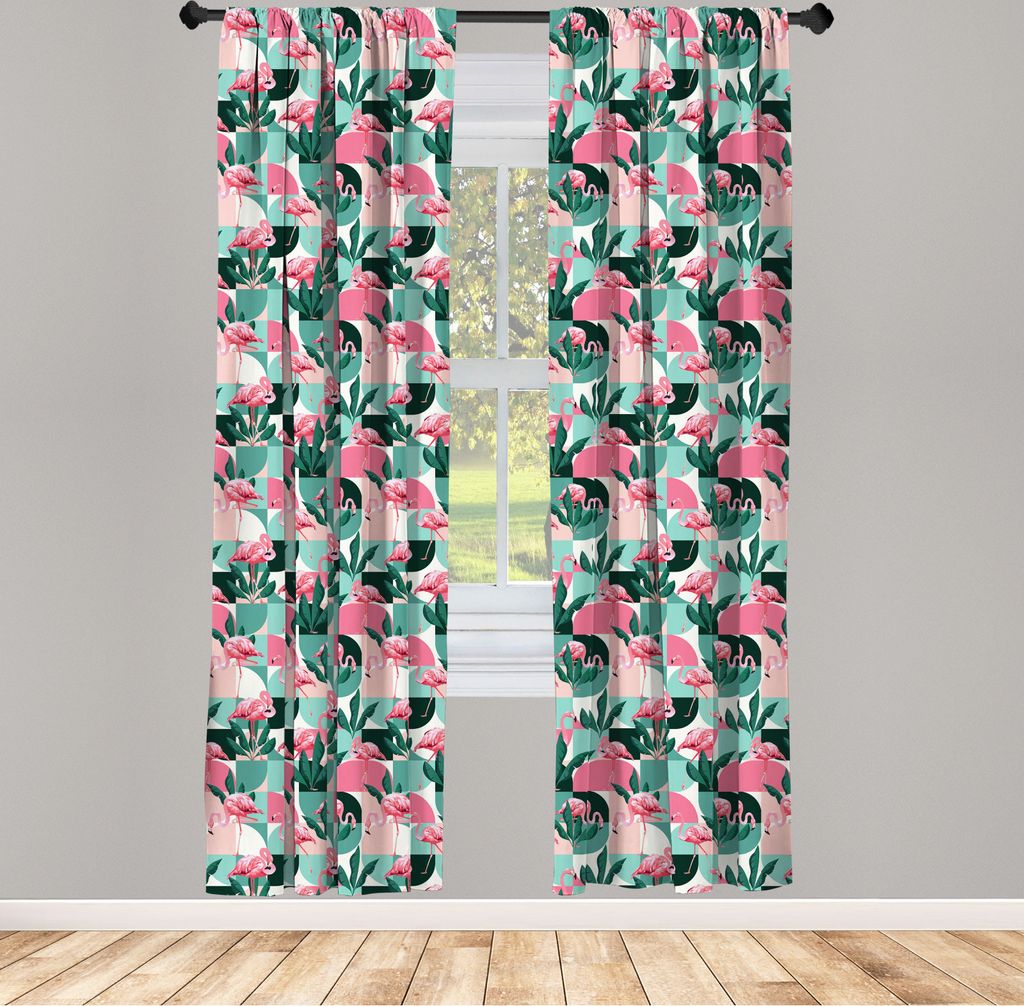 ABAKUHAUS Flamingo Vorhänge, Gardinen, Exotic Beach Birds Fans Palm Blätter auf Geometrischen Kreis-moderne tropische Kunst, 2 Stück 75 x 175 cm...