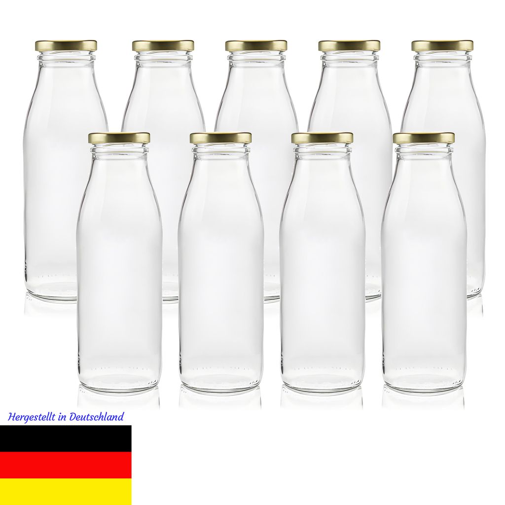 Milchflasche Glas 500ml – 9er Set – Weithalsöffnung 48mm – Wiederverwendbar – Für Säfte, Milch, Kefir, Kombucha – Spülmaschinengeeignet