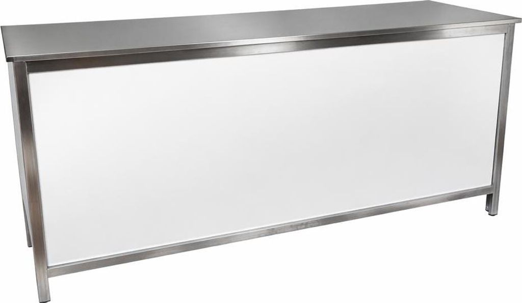 Ausgabetheke mit Edelstahloberfläche (glatt) 1,5m 0,6m Holzunterfütterung Weiß
