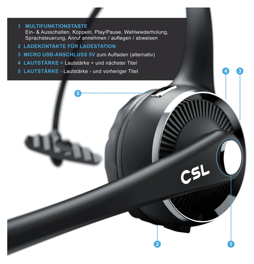 CSL Mono Bluetooth Headset avec station de charge et micro pour bureau