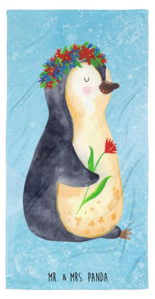 Mr. & Mrs. Panda Strandtuch Pinguin Blumen - Eisblau - Geschenk, Handtuch, Wunderschön, Duschtuch, Blumenkranz, Strandlaken, Motivation, Blumenlie...