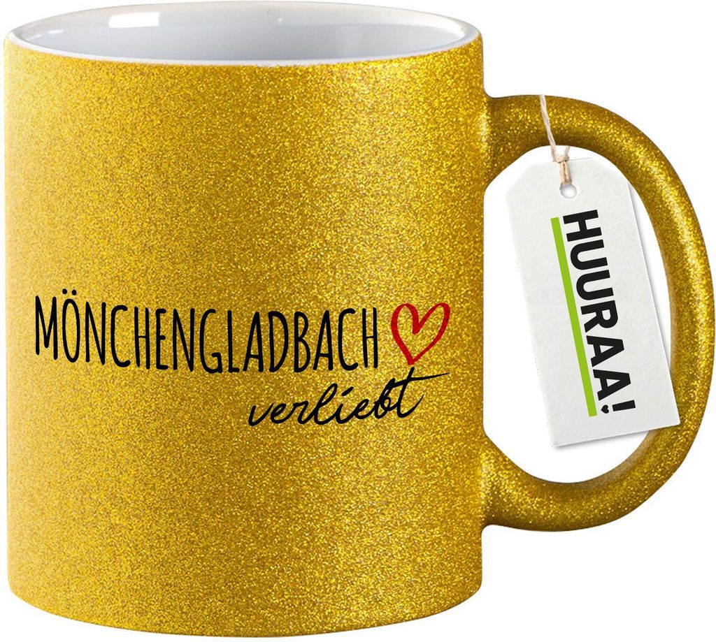 Huuraa Glitzertasse Mönchengladbach verliebt 330ml Gold Keramik Kaffeebecher Geschenkidee