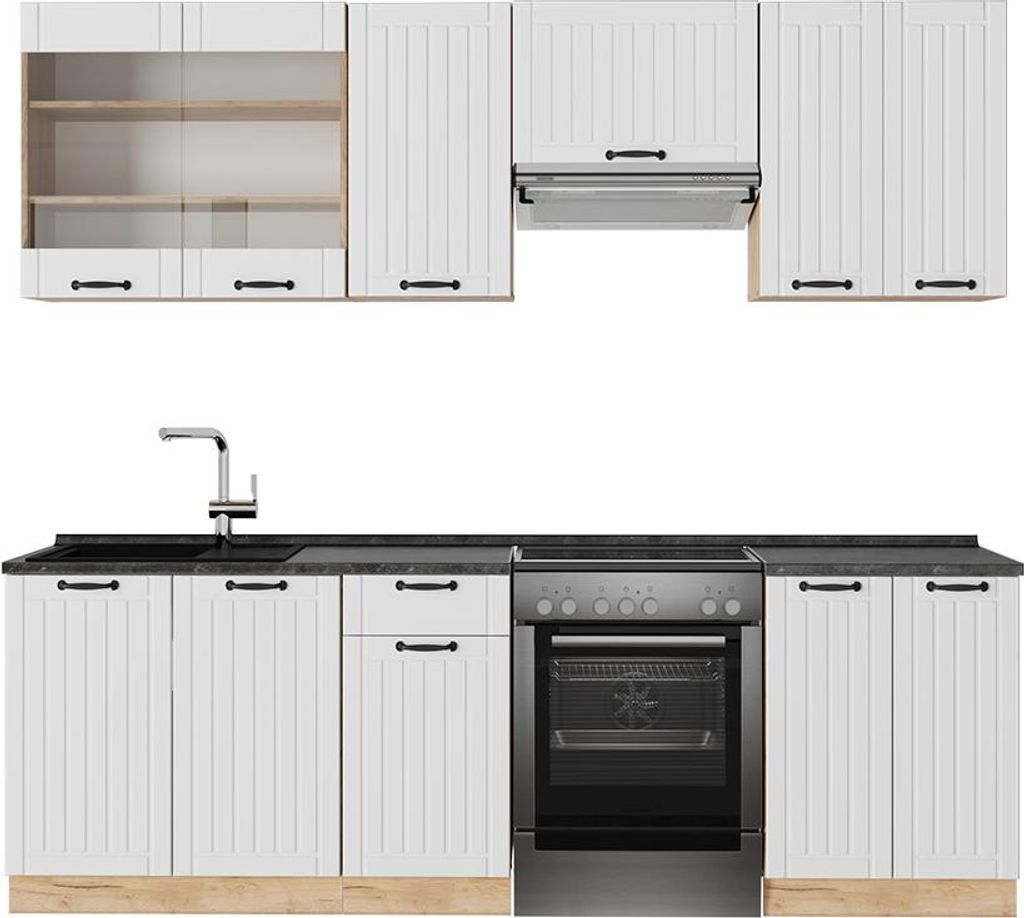 Vicco Küchenzeile Fame-Line, 240 cm , AP Anthrazit, Weiß Landhaus/Goldkraft Eiche