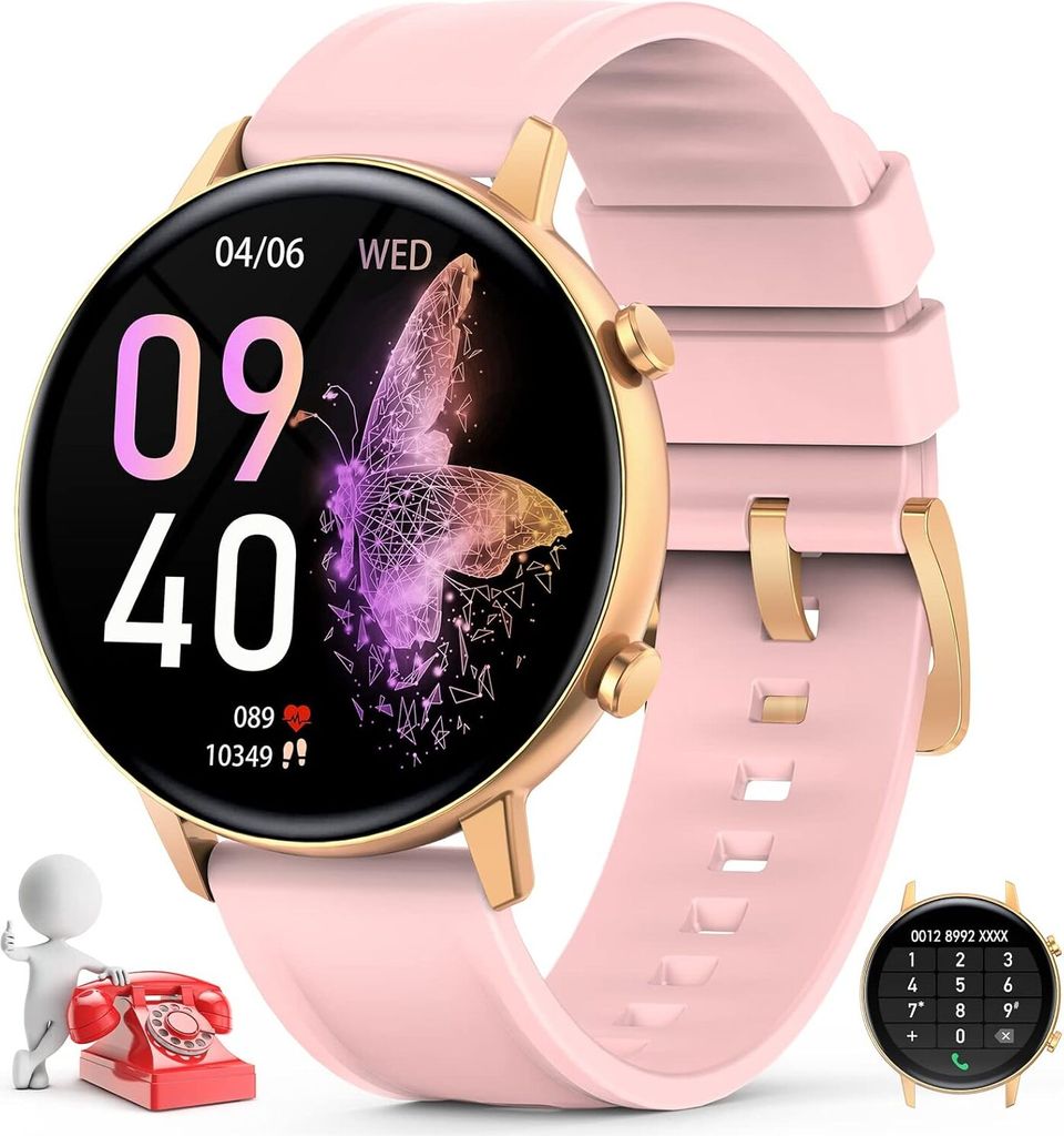 Damen-Smartwatch mit Telefonfunktion, 1,32-Zoll-Touchscreen, personalisierter Bildschirm, weibliches Zyklusmanagement, Herzfrequenzmesser, Android IOS