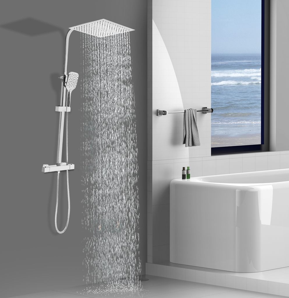 Duschsystem mit Thermostat Regendusche 30cm 3 Handbrause-Modi höhenverstellbar (silber)