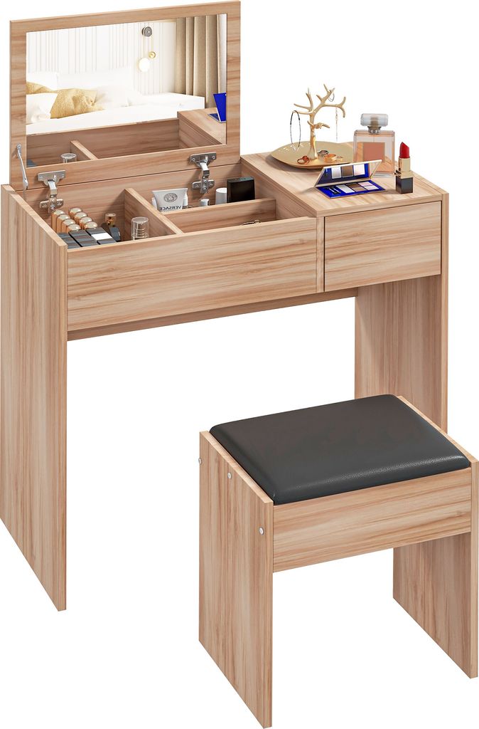HOMCOM Makeup-Schminktisch mit Hocker, Makeup-Tisch mit Spiegel-Klappplatte und Aufbewahrungsboxen, 80 x 40 x 79 cm und 40 x 30 x 44 cm, Natur
